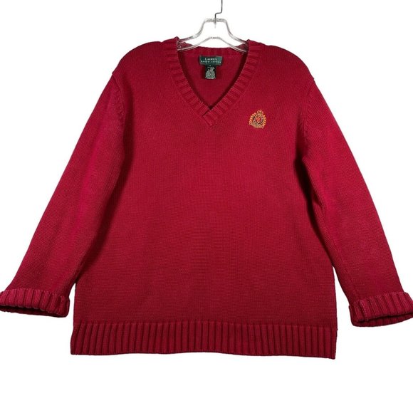 Lauren Ralph Lauren Womens Pullover Sweater Size L Red Crest Crown Logo‎ V Neck - Picture 1 of 9